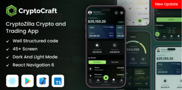 CryptoCraft v2.0 - React Native CLI Cryptocurrency Mobile App Template